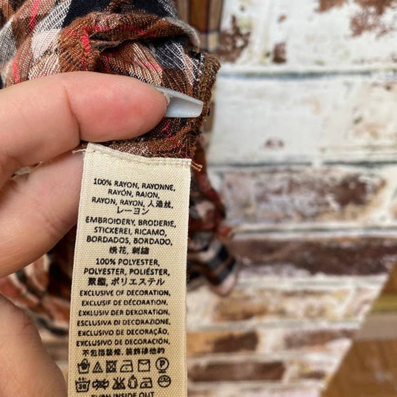 Free People Gold Embroidery Copper Two Tone Plaid Flowing Button Down Blouse - Picture 9 of 10